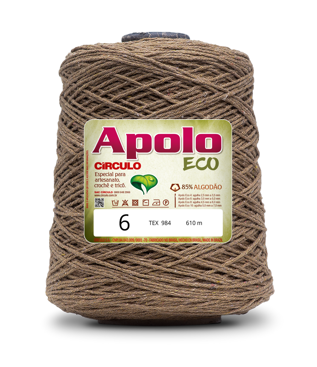 Apolo Eco 4/6 Cotton Cord Yarn – Ideal for Crochet Bags & Home Decor (600g) - Leo Hobby - A cone of Apolo ECO yarn in size 6, featuring a textured brown jute-like thread wound around a spool with a green and white product label.
