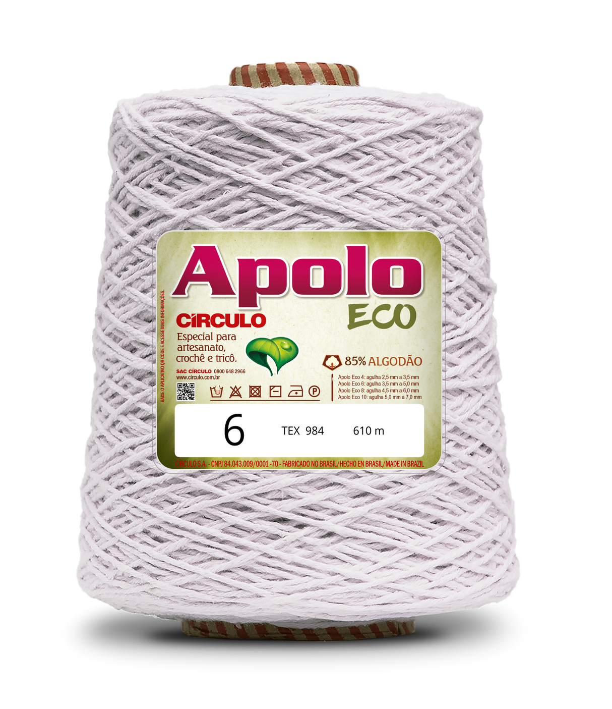 Apolo Eco 4/6 Cotton Cord Yarn – Ideal for Crochet Bags & Home Decor (600g) - Leo Hobby - A large cone spool of white twisted cotton cord or thread with a green and gold label reading 'Apolo ECO' and size information, isolated on a white background.