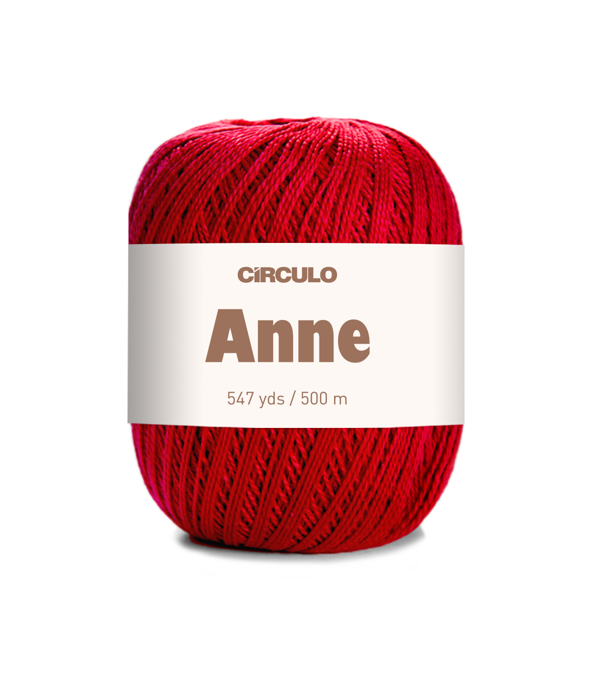 Red ball of yarn with a white label on a white background