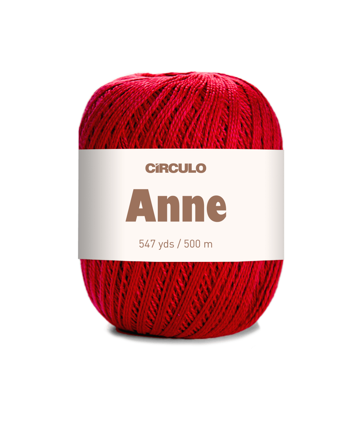 Red ball of yarn with a white label on a white background