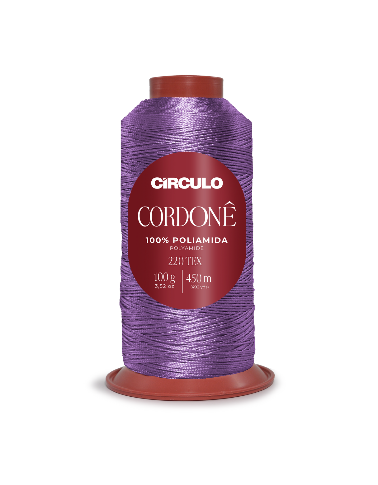 Circulo Cordone 100% Polyamide Crochet Yarn, 450 m / 100 g - Spool of purple thread with 'Circulo' branding on a white background