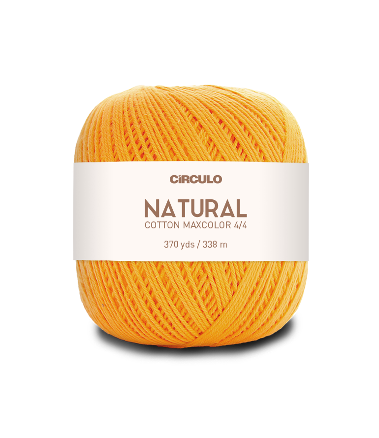 Circulo Natural Cotton Maxcolor (Barroco) 4/4 100% Cotton Yarn for Crochet and Knitting, 338m/200g - Leo Hobby - Yellow ball of yarn with a white label on a white background