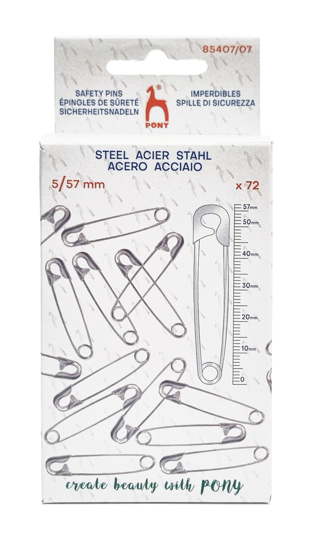 Pack of 72 steel safety pins in size 5/57 mm, shown in its white retail packaging with printed illustrations of the pins and a measurement scale.