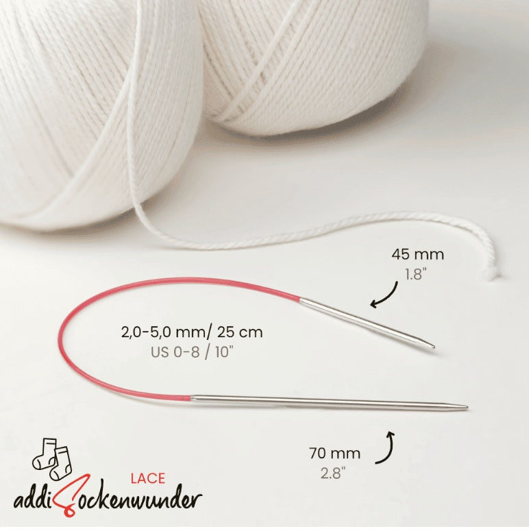 addiSockwonder Lace circular knitting needle 25cm - 710-7 - Knitting needles with measurements and a ball of yarn on a light background, featuring the addi Sockenwunder brand.