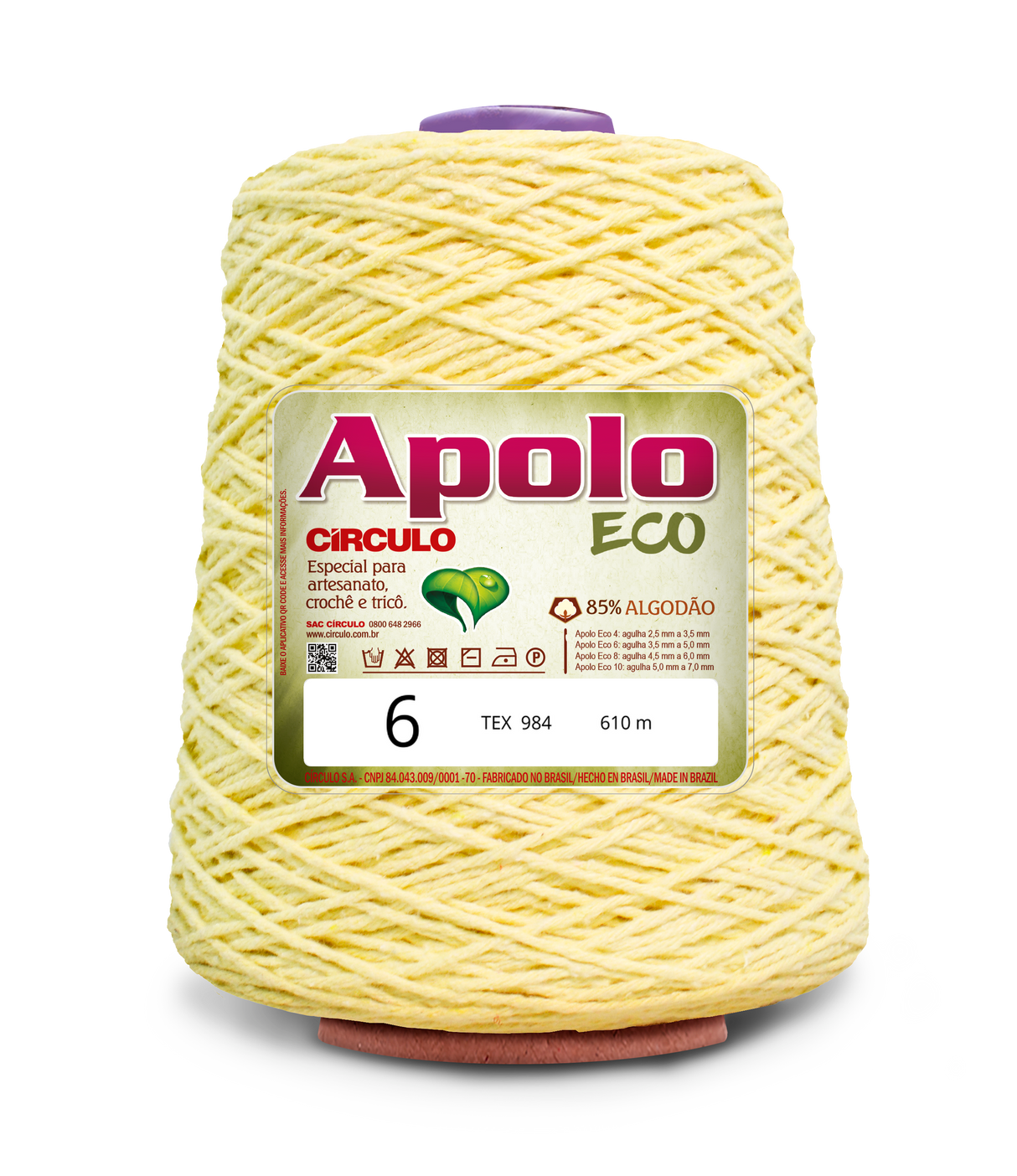 Apolo Eco 4/6 Cotton Cord Yarn – Ideal for Crochet Bags & Home Decor (600g) - Leo Hobby - A large cone of Apolo ECO yarn in pale yellow, featuring a white and green label with product details, set against a plain white background.