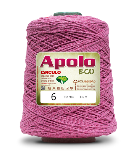 Apolo Eco 4/6 Cotton Cord Yarn – Ideal for Crochet Bags & Home Decor (600g) - Leo Hobby - A large cone spool of pink Apolo Circulo Eco yarn, size 6, with a white and green label, isolated on a white background.