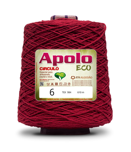 Apolo Eco 4/6 Cotton Cord Yarn – Ideal for Crochet Bags & Home Decor (600g) - Leo Hobby - A large spool of deep red yarn with a beige and green label reading 'Apolo ECO' and size '6', photographed on a clean white background.