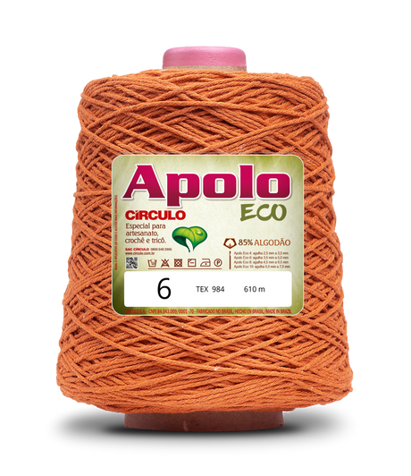 Apolo Eco 4/6 Cotton Cord Yarn – Ideal for Crochet Bags & Home Decor (600g) - Leo Hobby - A large cone spool of orange crochet yarn with a white and green Apolo Eco brand label, set against a clean white background.