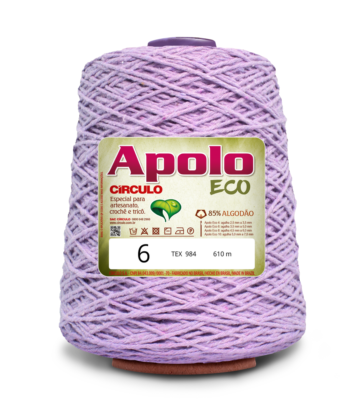 Apolo Eco 4/6 Cotton Cord Yarn – Ideal for Crochet Bags & Home Decor (600g) - Leo Hobby - A large spool of light purple/lavender yarn with a white and green Apolo Circulo Eco label, isolated on a white background.