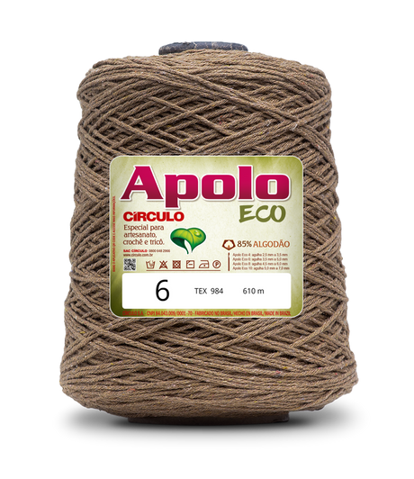 Apolo Eco 4/6 Cotton Cord Yarn – Ideal for Crochet Bags & Home Decor (600g) - Leo Hobby - A cone of Apolo ECO yarn in size 6, featuring a textured brown jute-like thread wound around a spool with a green and white product label.