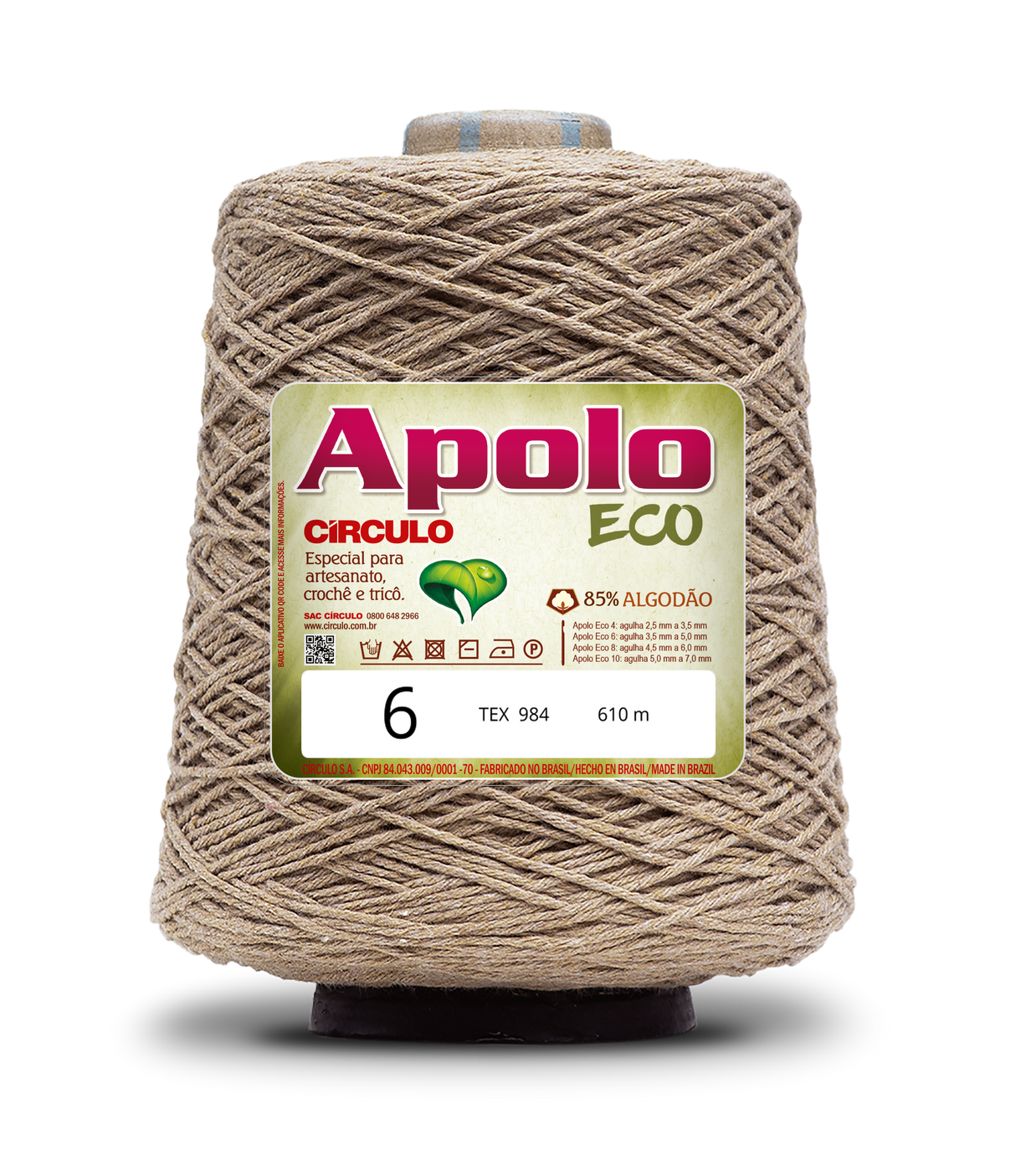 Apolo Eco 4/6 Cotton Cord Yarn – Ideal for Crochet Bags & Home Decor (600g) - Leo Hobby - A large cone of Apolo ECO thread  featuring a beige/tan jute-like texture with a white and green label, set against a plain white background.