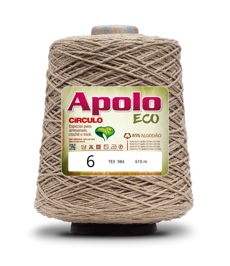 Apolo Eco 4/6 Cotton Cord Yarn – Ideal for Crochet Bags & Home Decor (600g) - Leo Hobby - A large cone of Apolo ECO thread  featuring a beige/tan jute-like texture with a white and green label, set against a plain white background.