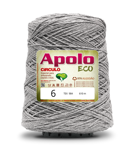 Apolo Eco 4/6 Cotton Cord Yarn – Ideal for Crochet Bags & Home Decor (600g) - Leo Hobby - A spool of gray textured yarn with a prominent gold and red label reading 'Apolo ECO 6' shown on a plain white background.