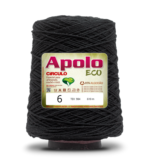 Apolo Eco 4/6 Cotton Cord Yarn – Ideal for Crochet Bags & Home Decor (600g) - Leo Hobby - A large spool of black thread with a white and green label reading 'Apolo ECO' and size '6', photographed on a white background.