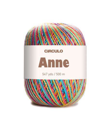 Circulo ANNE - 100% mercerized Cotton Yarn, 500m / 147g - Multicolored ball of yarn with 'Circulo Anne' label on a white background