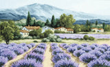 Mountain Lavender Aida 14 Cross Stitch Kit - M-416 - Cross-stitched landscape of a lavender field with a house and mountains in the background.