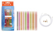 Slick knitting needle set shown with its retail box, a row of multicolored round knitting needles, and a coiled white cable with two brass tips on a plain white background.