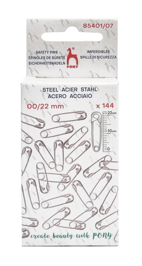 A package of PONY brand safety pins, model 85401/07. The white cardboard box features illustrations of silver safety pins, a printed measurement scale, and the text 'STEEL ACIER STAHL' and '00/22 mm x 144'.
