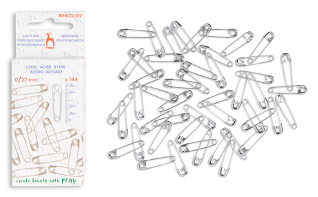 A pack of 144 steel safety pins in size 0/21 mm, shown next to a pile of the same silver-colored metal safety pins on a plain white background.