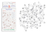 Pack of 144 steel safety pins in a white hanging card package, with several loose silver safety pins scattered on a white background.