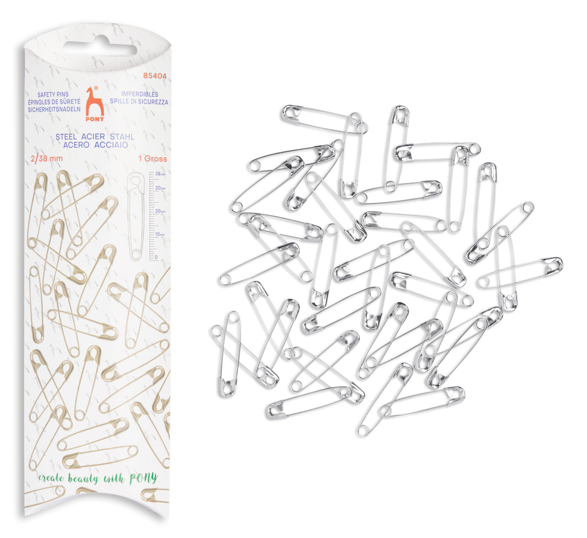 A pack of silver safety pins shown next to their white cardboard packaging on a plain white background.