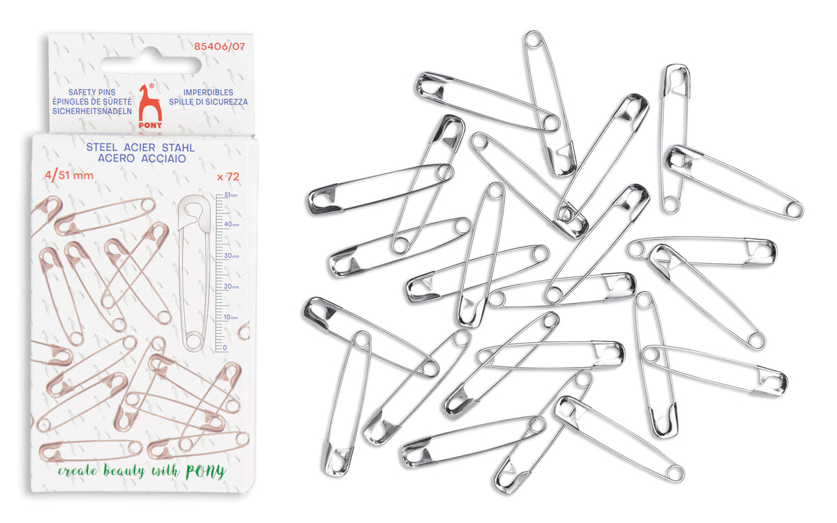 A pack of 72 silver steel safety pins shown next to their white retail packaging card on a plain white background.