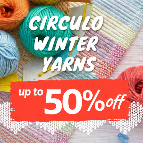 Promotional image of Circulo Winter Yarns with colorful yarn balls and a discount banner.
