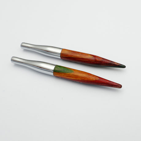 - KnitPro Symfonie 2 Mini interchangeable needle tips, 5 cm - Two wooden-handled tools with polished silver metal collars and dark tips, arranged diagonally on a plain white background.
